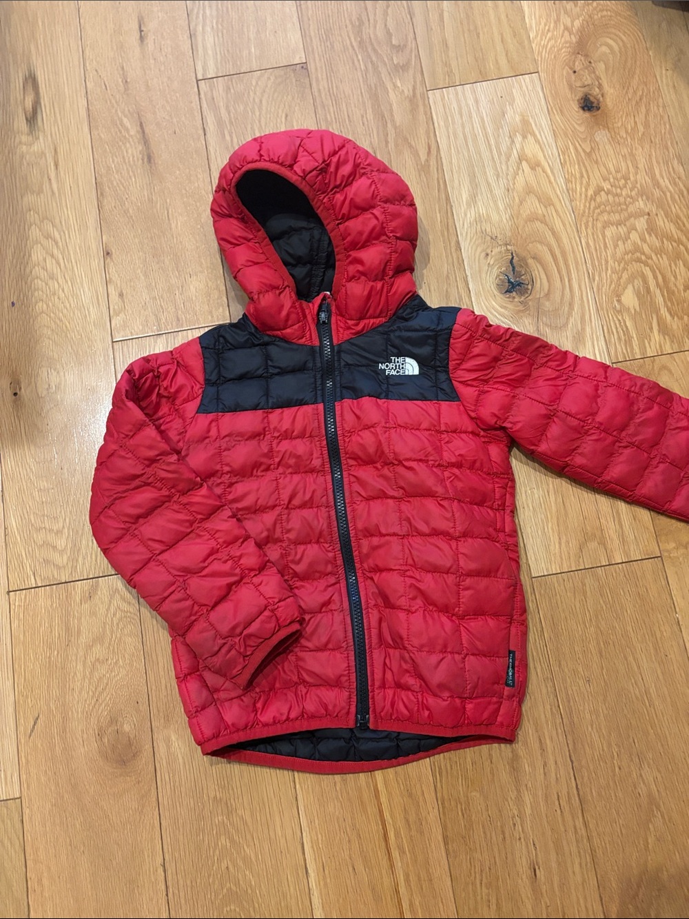 The North Face Red and Black Youth Quilted Hooded Jacket